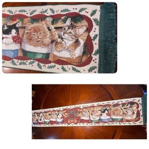 Christmas Cat Tapestry Table Runner 73” x 12 1/4” Green Fringe